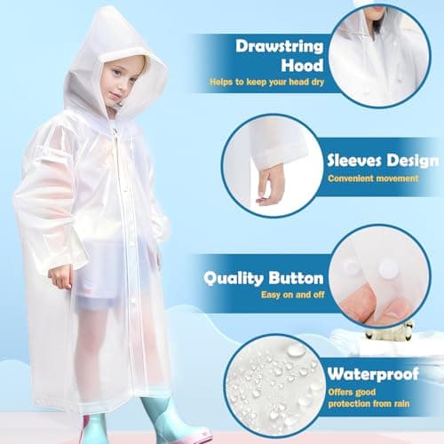 WOHSEROM 2 Pack Rain Ponchos for Kids Reusable,Thickened EVA Travel Raincoat Jacket with Hoods and Sleeves,Lightweight White Capes Ponchos for Boys and Girls Spring Outing Outdoor Travel — view 3