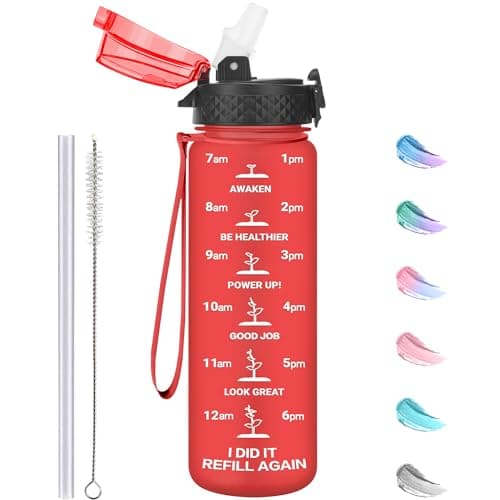 GOPPUS 500ml/17oz Kids Water Bottles with Straw Tritan Childrens Bottle with Flip Top Lid BPA Free Measured Drinks Bottle with Strap Sports Reusable Time Markings Leakproof (Solid Red)