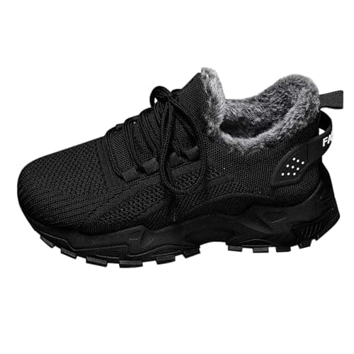 Womens Fleece Lined Trainers Winter Thick Sole Snow Boots Lightweight Lace Up Non Slip Orthopedic Wedge Sneakers Ladies Fashion Comfortable Tennis Walking Jogging Shoes Black — view 4