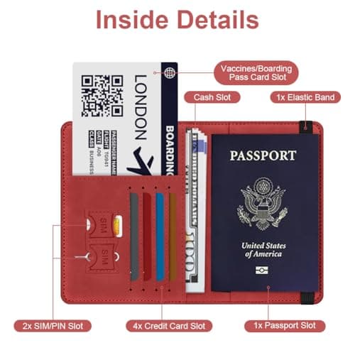 AOOSU Passport Holder Cover, PU Leather Passport Cover with RFID Blocking Travel Wallet, Portable Universal Travel Wallet Case Organiser for Money, Boarding Passes, Credit Cards Ocean Red — view 3