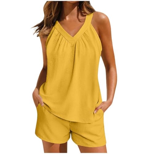 Two Piece Outfits Women Summer Lounge Wear Sets Ladies Linen Sleeveless Vest Tops and Shorts Loose Fitting Co Ords Lightweight Comfortable Short Tracksuits Full Set 2 Piece Travel Outfits Pj Sets