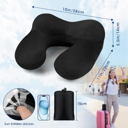 Travel Pillow, Neck Pillow Inflatable for Aeroplane with Ear Plugs, Soft Velvet, Ergonomic Neck Pillow, Travel Pillow, Inflatable for Office, Plane, Car, Travel, Camping, Sleeping Rest Pillow (Black) — view 3