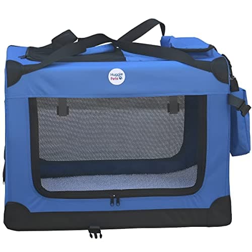HugglePets Foldable Fabric Pet Crate Carrier - Blue (Large 70 x 52cm) Lightweight & Ventilated Double Door Carrier for Dogs & Cats with Sheepskin Mat. Ideal for Home & Travel. — view 2