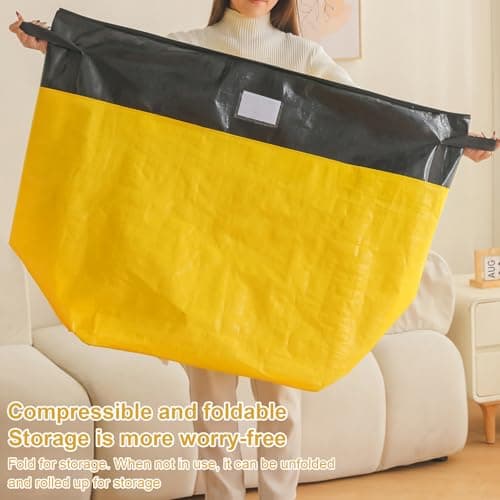 Moving Bags with Label Pockets, Heavy Duty 18-Gallon Storage Bags for Clothes, Waterproof Foldable Packing Organizer for College Students, Holds 15-20 Sweaters (Yellow and black, 50 * 50 * 72cm) — view 4