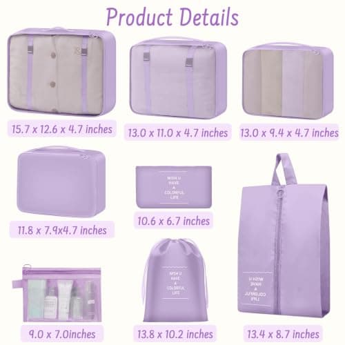 MOFELON 8PCS Packing Cubes for Suitcase, Travel Luggage Organisers for Backpack, Waterproof Suitcase Organiser Bags, Travel Essentials Accessories-Purple — view 2