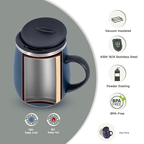 Ideus 460ml Insulated Coffee Mug with Lid and Handle (Navy Blue) — view 2