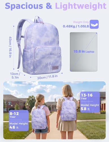 VASCHY School Backpack, 17L Lightweight Bookbag School bag for Boys Girls Casual Basic Simple Daypack for Men Women Lavender Tie-Dye — view 2