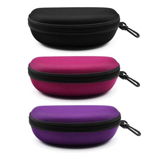 SteelFever 3pcs Sunglasses Case, Portable Travel Zipper Hard Shell Eyeglasses Case with Plastic Hook Scratch Resistant Glasses Organiser Box (Purple Rose Red)