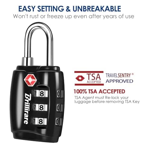Brillirare TSA Approved Luggage Locks, Combination Travel Padlock, Zinc Alloy 3-Digit Waterproof Lock, TSA Accepted Outdoor Keyless Resettable for Lockers, Bags, Backpack, Gym, Gate-Black — view 3