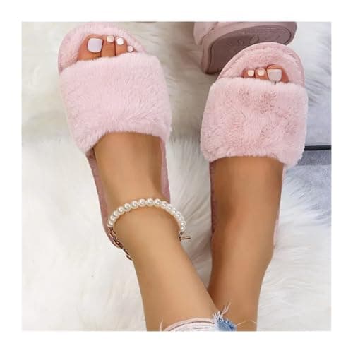 MTKSFDC Open Toe Slippers Women Winter Women Winter House Slippers Non-Slip Casual Indoor Flats Floor Shoes Ladies Flip Flops Warm Shoes Solid Colors Ladies Slider Slippers(Burgundy,38-39) — view 3