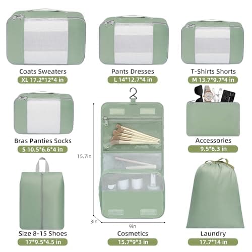 BAGAIL 8 Set Packing Cubes Various Sizes Packing Organizer for Travel Accessories Luggage Carry On Suitcase - Matcha Green — view 2