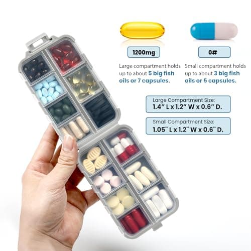 14 GRIDS Travel Pill Organizer Box with Labels - Travel Medicine Case Kit - Pocket Daily Pharmacy Container - Travel Medication Holder Dispenser for Fish Oil Vitamin Supplement Storage - Grey — view 2