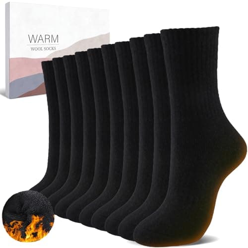 SukModen Wool Thermal Socks for Women – 5 Pairs Warm Winter Thick Cosy Boot Socks Comfy Crew for Walking Hiking Work – Size 4-9 –Black Ladies gifts