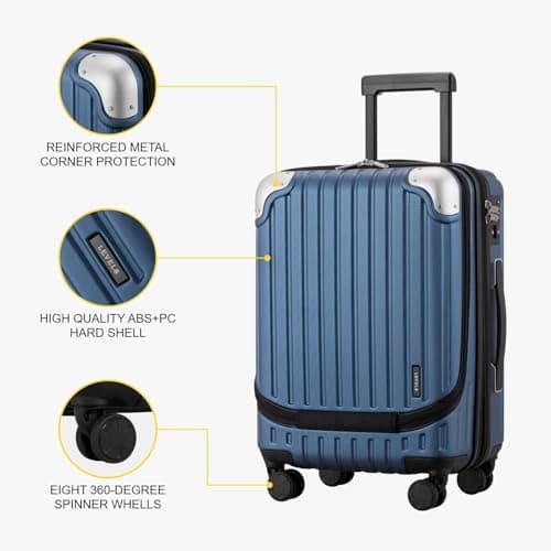 LEVEL8 Cabin Suitcase 20-Inch Carry on Luggage, ABS+PC Hardshell Spinner Trolley with Laptop Compartment, TSA, 4 Wheels for Airplane for Women Men, Blue — view 5