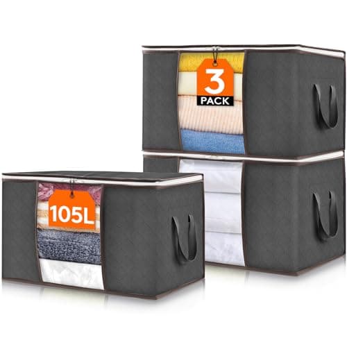 Lifewit 105L Clothes Storage Bags Large Storage Box With Lid Packing Boxes for Moving House With Reinforced Handle Thick Fabric Clear Window for Clothes Duvet Blankets Bedding, 3 Pack, Grey