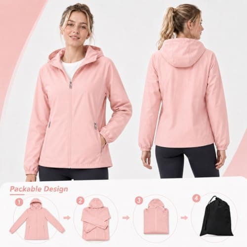 GDOKKNY Women Waterproof Rain Jacket, Lightweight Packable Hooded Raincoat with Storage Pouch, Windproof Rain Coat for Cycling Hiking Commuting Travel — view 5