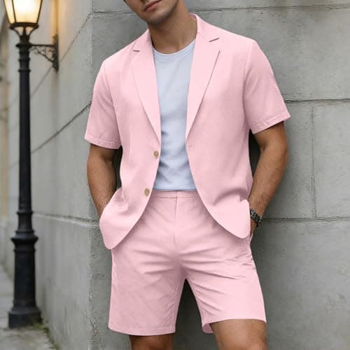 RUMAOZIA Men's Linen Summer Lightweight Suits Short Summer Shirt Set Figure-Shaping Travel Linen Suit Urban Breathable Expedition Oversize Short Sleeve Suit Beach Two Piece Leisure Suit, O Rosa, L — view 3