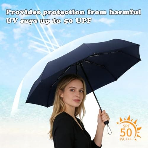 Navy Blue Mini Folding Umbrella, Lightweight Compact Pocket Umbrella, UPF50+ UV Sun & Rain Protection, 6 Rib Sturdy Windproof Waterproof Travel Umbrella with Case, Small Umbrella for Men and Women — view 2