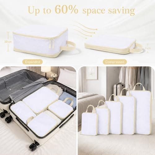 Travel Compression Packing Cubes – 6 Set Recycled Ripstop Nylon Suitcase Organiser, Space Saving Expandable Luggage Cubes with Shoes Bag, Zippers, Tear Resistant (off-white, 6) — view 2
