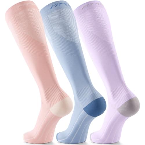 FITRELL 3 Pairs Compression Socks for Women and Men 20-30 mmHg Travel Flight Socks Medical Knee High Socks for Sport, Flying, Nurse, Pregnant Women, Varicose Veins, Light Blue+Pink+Purple, S/M