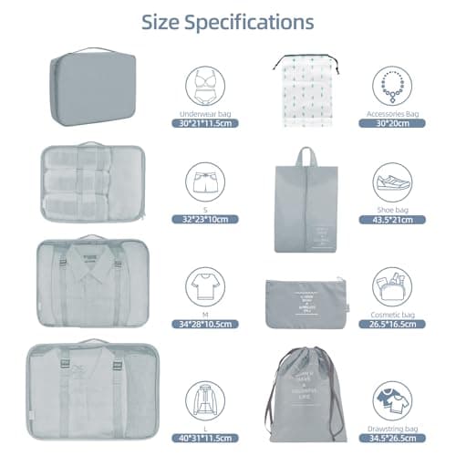 12Pcs Packing Travel Cubes for Suitcase Luggage Organizers with 5 Drawstring Bags,Suitcase Organiser Bag with Waterproof Shoe Storage Bag Compression Pouches Grey — view 2