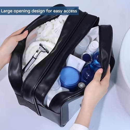 Large Clear Wash Bag, Dry Wet Segregation Toiletry Bag with Hollow Mesh Portable Makeup Bag PVC Waterproof Cosmetic Bag Travel Toiletries Bags for Women Men (Large-Black) — view 6