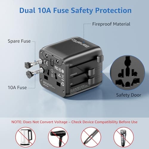 Universal Travel Adapter UK to World,1 Universal AC Socket and 1 US Socket, Universal Adapter Plug with Dual 10A Fuses, Travel Adapter Worldwide (Type A/C/G/I), for Trips in USA/Europe/AU/UK — view 5