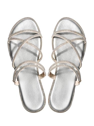Sksshion Women's Glitter Rhinestone Flat Criss Cross Strappy Open Toe Sandals Slip On Slippers Silver 5.5