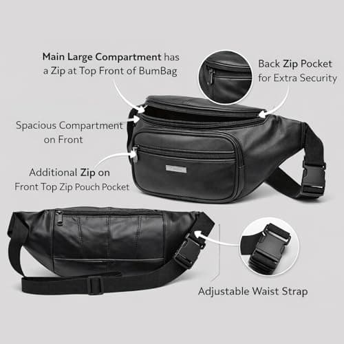 Woodland Leathers Genuine Leather Bum Bag, Durable Waterproof Waist Bag for Men and Women, Ideal for Travel, Festivals, Dog Walking, Fashion Bum Bag and Running Fanny Pack (Black 6) — view 2