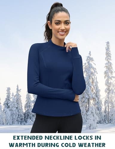 IECCP Women's Thermal Long Sleeve Shirts Mock Turtleneck Underwear Fleece Lined Workout Base Layer with Zipper Pockets and Thumb Hoes M Navy Blue — view 2