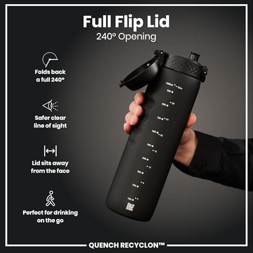 ION8 1 Litre Water Bottle, Leak Proof, Flip Lid, Carry Handle, Rapid Hydration, Dishwasher Safe, BPA Free, Contoured Grip, Ideal for Travel, Gym & Activity, Carbon Neutral Recyclon, 32 oz, Black — view 4