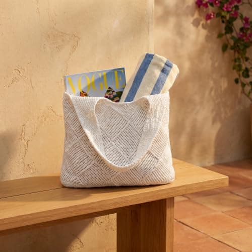 Solvio Crochet Beach Bag for Women, Retro Hollow Out Knit Bag, Mesh Tote Bag, Lightweight Woven Shoulder Handbag for Holiday Travel Shopping Daily Use (White) — view 2