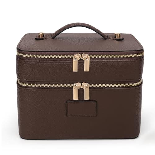 HiTotes Makeup Bag Vanity Case for Women Large Leather Makeup Case Travel Toiletry Bags Double Layer Cosmetic Bag for Daily Use