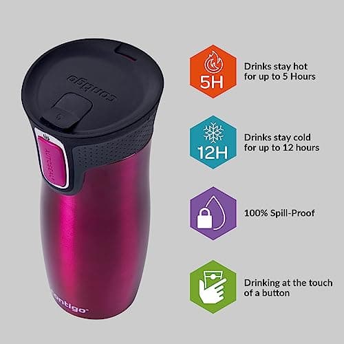Contigo West Loop Autoseal Travel Mug, Stainless Steel Thermal Mug, Vacuum Flask, Leakproof Tumbler, Coffee Mug with BPA Free Easy-Clean Lid, 470 ml, Raspberry — view 2