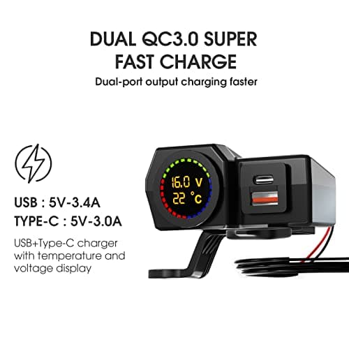 Motorcycle USB Charger Waterproof, Dual Quick Charge Ports - 5V 3.4A/3A USB and Type-C PD, Motorbike Handlebar Adapter Charger Socket with Power Switch, Voltmeter & Thermometer for Phone, Tablet, GPS — view 2