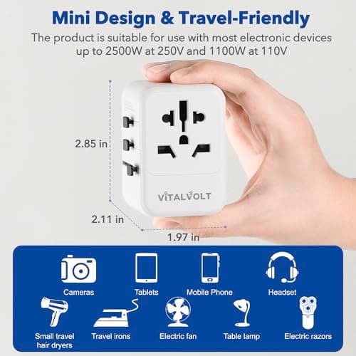 VitalVolt Universal Travel Adapter Worldwide All-in-One International Plug with 2 USB-C & 2 USB-A Fast Charging Ports, Dual Safety Fuse, Compact UK EU AUS USA Travel Adapter for 225+ Countries (SVP) — view 3