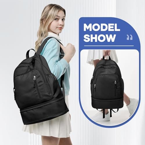 Gym Backpack Womens with Shoe Compartment, Foldable Travel Backpack Waterproof School Bags for Girls, Wet Pocket Carry On Lightweight Small Rucksack for Sports, Yoga - Black — view 2