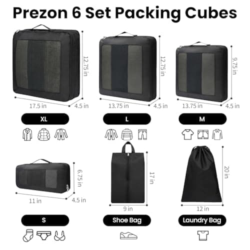 Prezon Compression Packing Cubes for Carry on Luggage, Full Open & Mesh Visible Design, 6 Set Expandable Travel Packing Organizer with Laundry Bag and Shoe bag for Vacation, Camping, Business — view 3