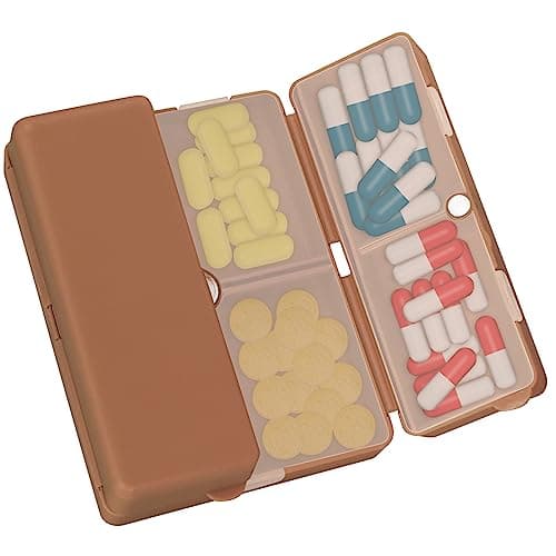 FYY 7 Day Pill Organiser, Travel Tablet Box, [Foldable Design] Weekly Medication Case, Portable Daily Supplements Storage Organizer for Vitamins, Cod Liver Oil, Small-Brown