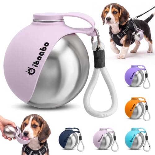2 in 1 Portable Dog Water Bottle, Stainless Steel Pet Water Dispenser with Foldable Silicone Bowl for Walks Hiking & Travel, 285ML Pet Water Bottle for Small Dogs, Pink