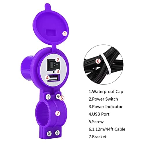 Stylebest Universal Motorcycle USB 12-24V Waterproof Socket for Mobile Phones and Devices with LED Indicator Switch (Purple) — view 2