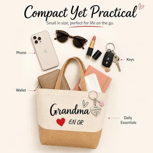 RUHSNJK Grandma Gifts, Grandma Birthday, Beige Jute Tote Bag and Best Grandma Ever Keyring, Practical Shopping and Travel Gift from Grandchildren — view 6