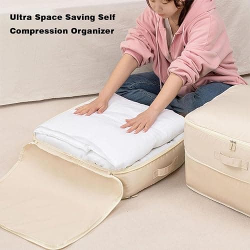 Ultra Space Saving Self Compression Organizer 2024 Upgrade Space Saver Quilt Compression Storage Bag Comforter Storage Bag Packaging Cube Bedding Storage Bag (Pink,54*42*30cm (for duvet clothes)) — view 3