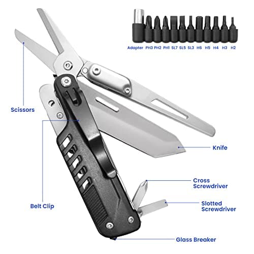 HONZIN Multitool 5 in 1 Multifunctional Folding Pocket Knife, Folding Scissors, Detachable Stainless Steel Geometric Knife for Outdoor Camping Hiking (Extra 11 Screwdriver Bits) — view 2