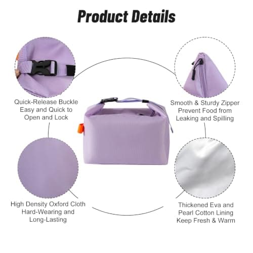Aucuu Insulated Lunch Bag, Reusable Lunch Bags, Leakproof Lunch Box Tote Bag, Large Capacity Cooler Bag, Thermal Food Bag for Office School Picnic-8L (Purple) — view 4