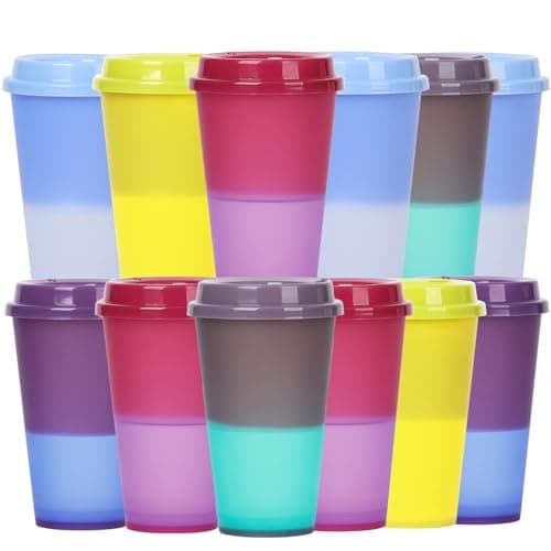 Yisituo 480ml Reusable Coffee Cups with Lids, Plastic Tumblers, 12 Pack Colour Changing Travel Mugs, for Home, Car, Beach, Camping, and Party (12, Rainbow)