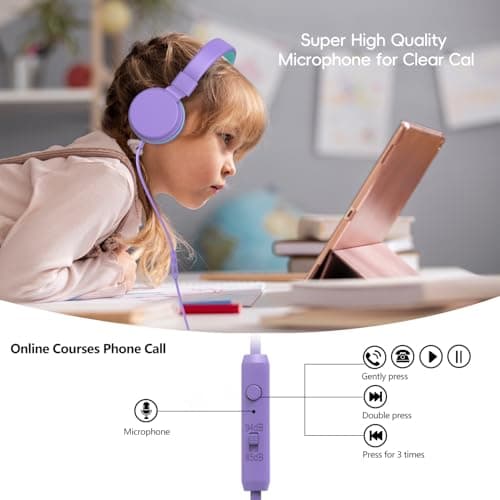 Kids Headphones Wired,On-Ear Wired Headphones for School,Safe Volume Limited 85/94dB,HD Mic Stereo Sound Girls Boys Wired Headphone for Kids,Foldable Headset for Travel Computer Plane Tablet (Purple) — view 4