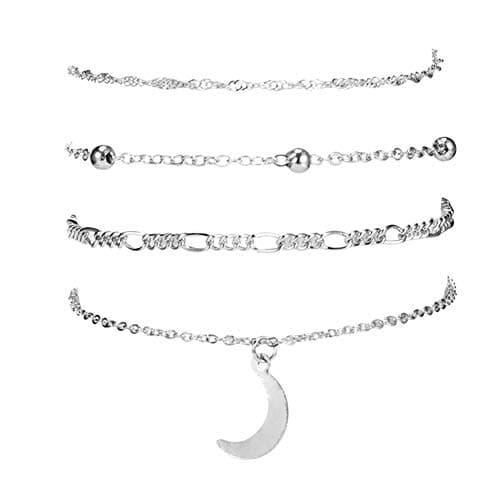 GREENLANS Fashion Anklets, Summer Beach Moon Sandals Barefoot Ankle Bracelet 4Pcs/Set, Birthday Christmas Valentines Day Decor Gift Silver