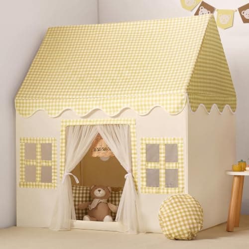 Wilwolfer Kids Play Tents Indoor: Princess PlayHouse with Yellow Checkered & Padded Mat - Cute Toddlers Play House Toys Castle Tents for Boys Girls Room Decor - 67.5×97×107.5