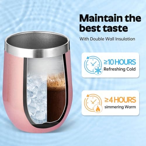 Volhoply 12oz Stainless Steel Wine Tumbler with Lid and Straw,350ml Double Wall Vacuum Insulated Stemless Wine Glasses,Travel Coffee Mug for Cold Drinks,Tumblers Gifts for Women Men（Rose Gold,1 Set） — view 5